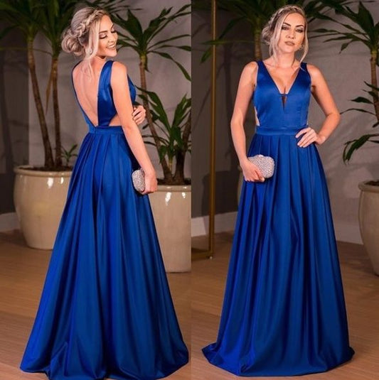 Elegant A Line Satin Royal Blue V Neck Backless Long 2024 Prom Dresses
