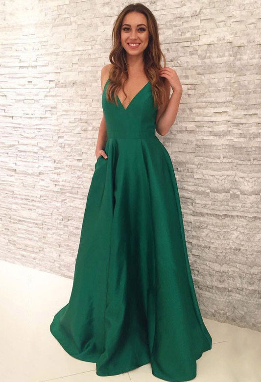 Cheap A Line Satin Emerald V Neck Backless Long Prom Dresses 2022