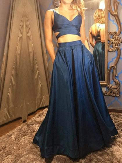 2024 Cheap A Line Dark Navy Satin Sweetheart Two Pieces Long Prom Dresses