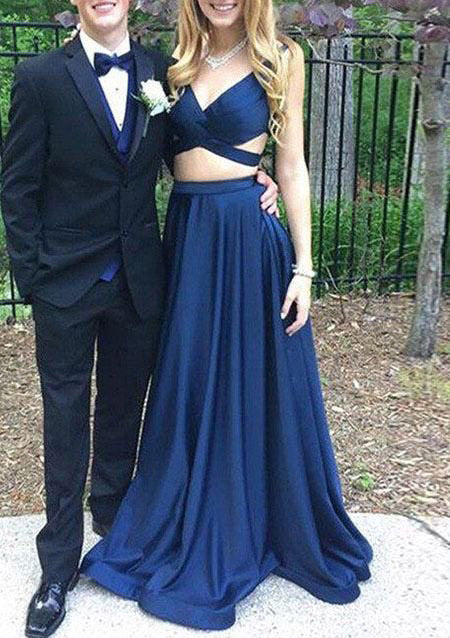 2024 Cheap A Line Dark Navy Satin Sweetheart Two Pieces Long Prom Dresses