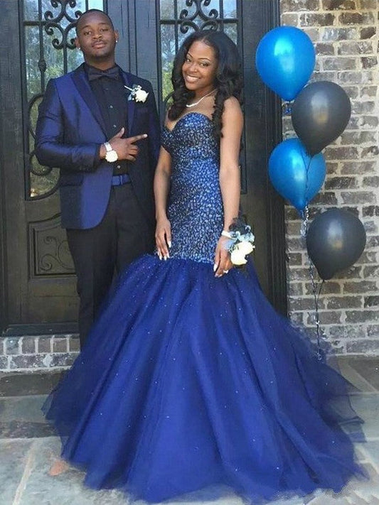 Sexy Sweetheart Tulle Beaded Royal Blue 2024 Mermaid Lace Up Back Prom Dresses