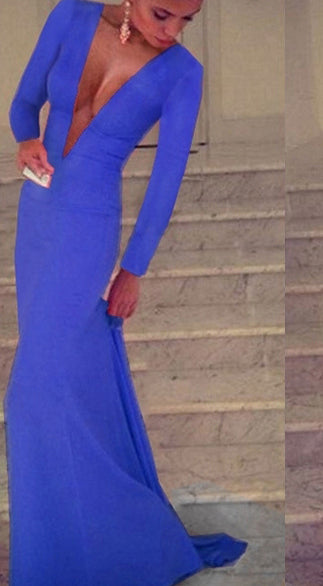 Charming Sheath Deep V Neck Long Sleeves Cheap Royal Blue Prom Dresses 2024