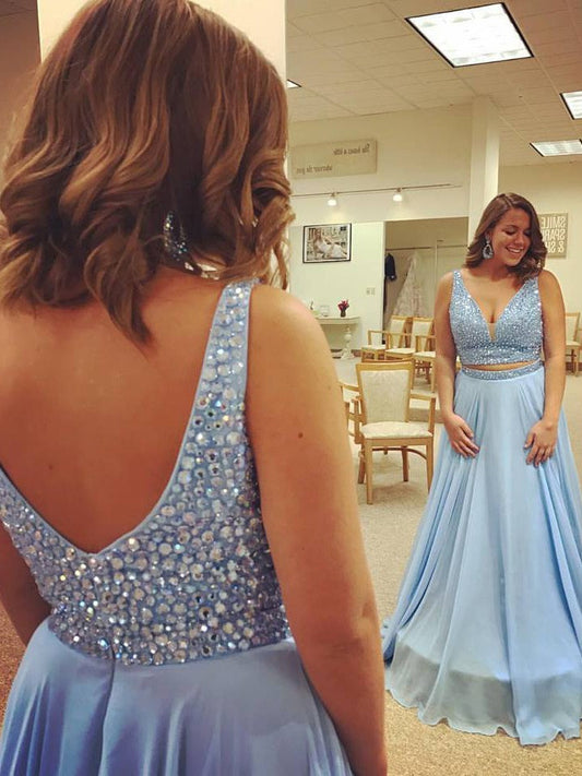 2024 Newly A Line Chiffon Blue Sweetheart Beaded Two Pieces Plus Size Prom Dress