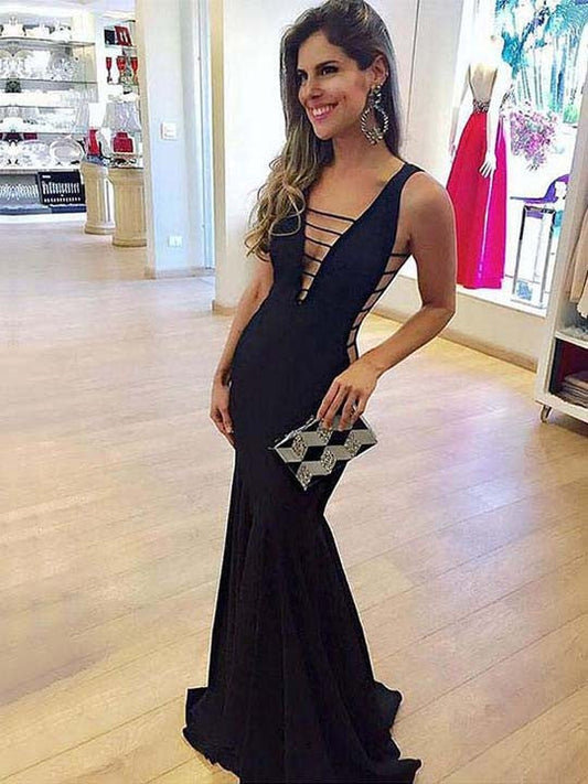 Sexy Black Mermaid Deep V Neck Long Prom Dress 2024