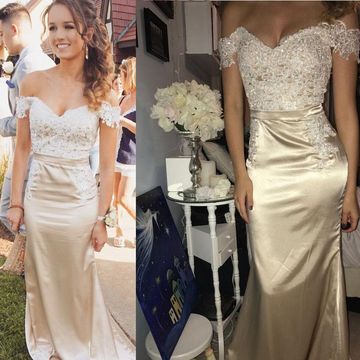 2024 New Arrival Sheath Off Shoulder Sweetheart Champagne Prom Dress With Appliques