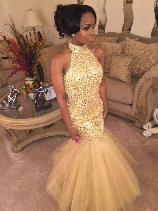 2024 Sexy Mermaid High Neck Tulle Champagne African American Backless Prom Dress