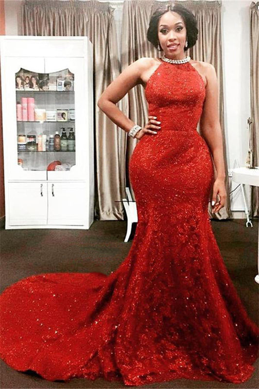 Charming Red Mermaid Lace Backless High Neck Long African American Prom Dress 2024