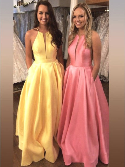 2024 Cheap Satin A Line Simple Yellow Halter V Neck Backless Prom Dress