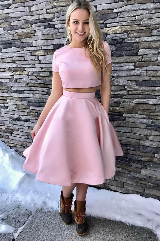 2024 Newly A Line Pink Short Sleeves Two Pieces Knee Length Short Prom Dress