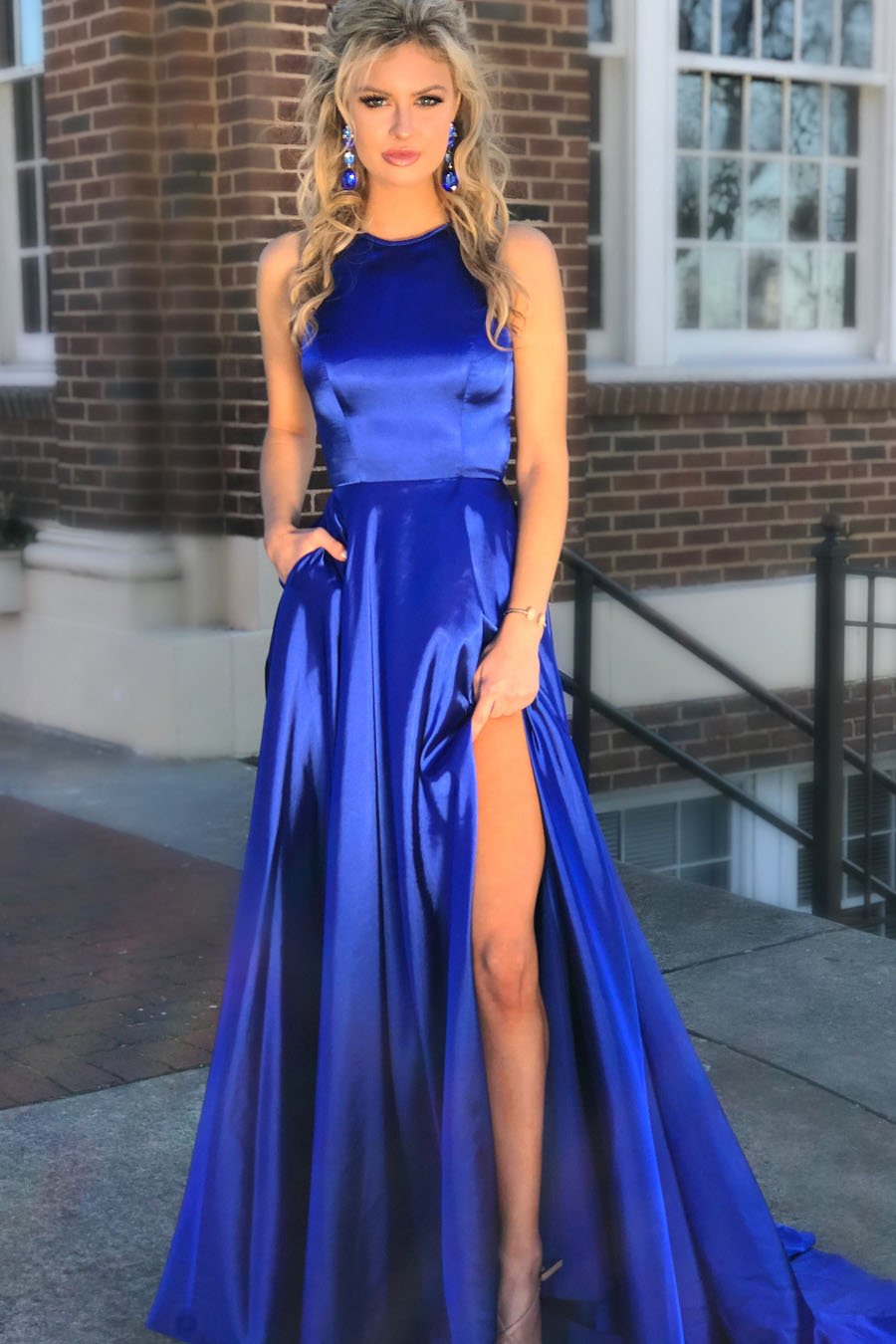 2024 Elegant A Line Elastic Satin Royal Blue Side Slit Hollow Out Long Prom Dress