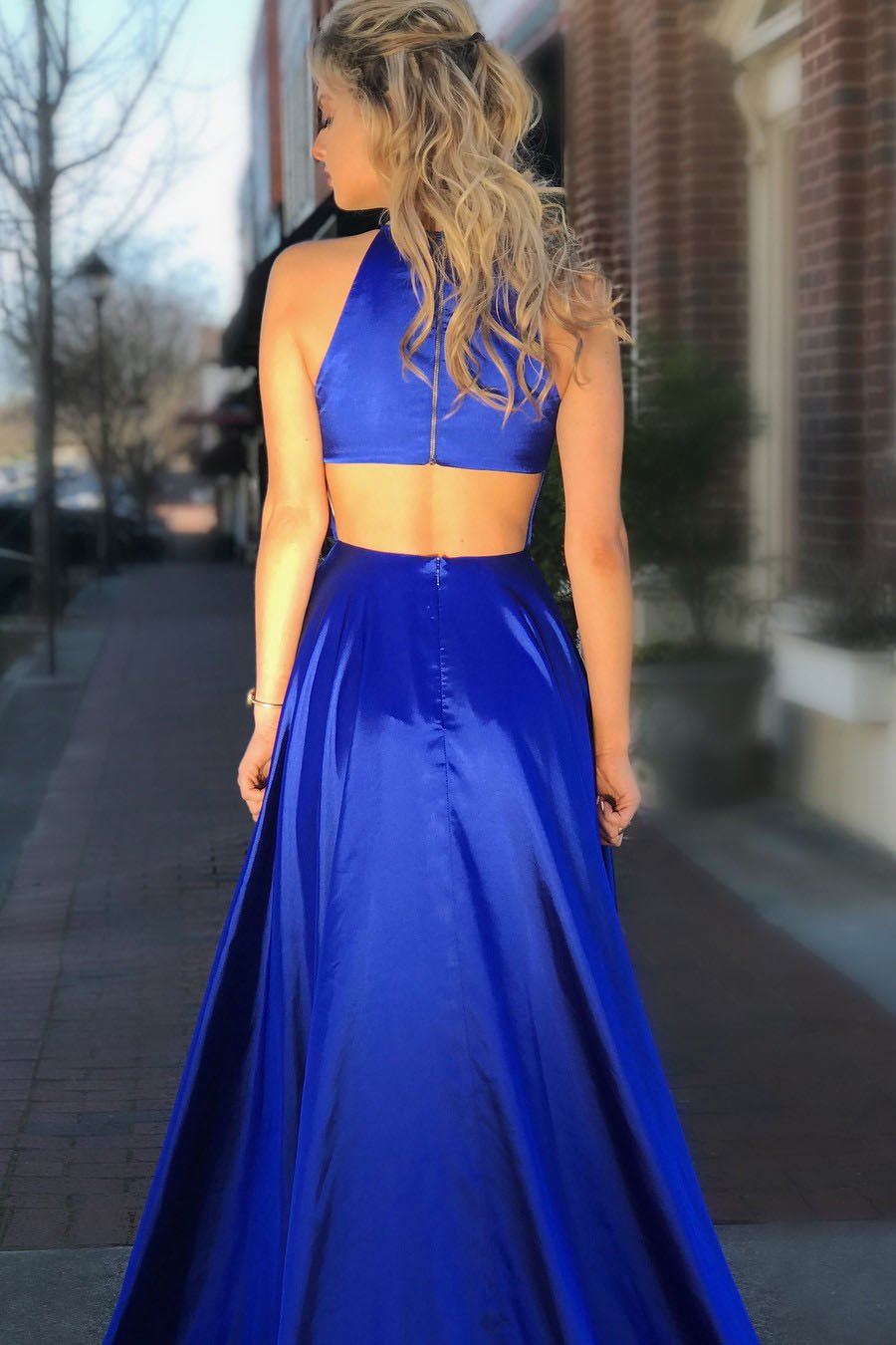 2024 Elegant A Line Elastic Satin Royal Blue Side Slit Hollow Out Long Prom Dress