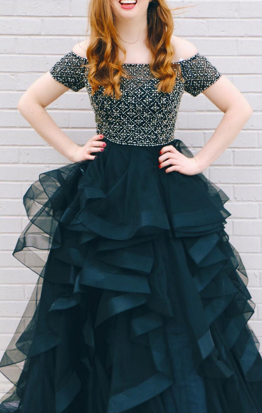 2024 New Arrival A Line Off Shoulder Dark Navy Beaded Sweetheart Ruffles Short Sleeves Plus Size Prom Dress
