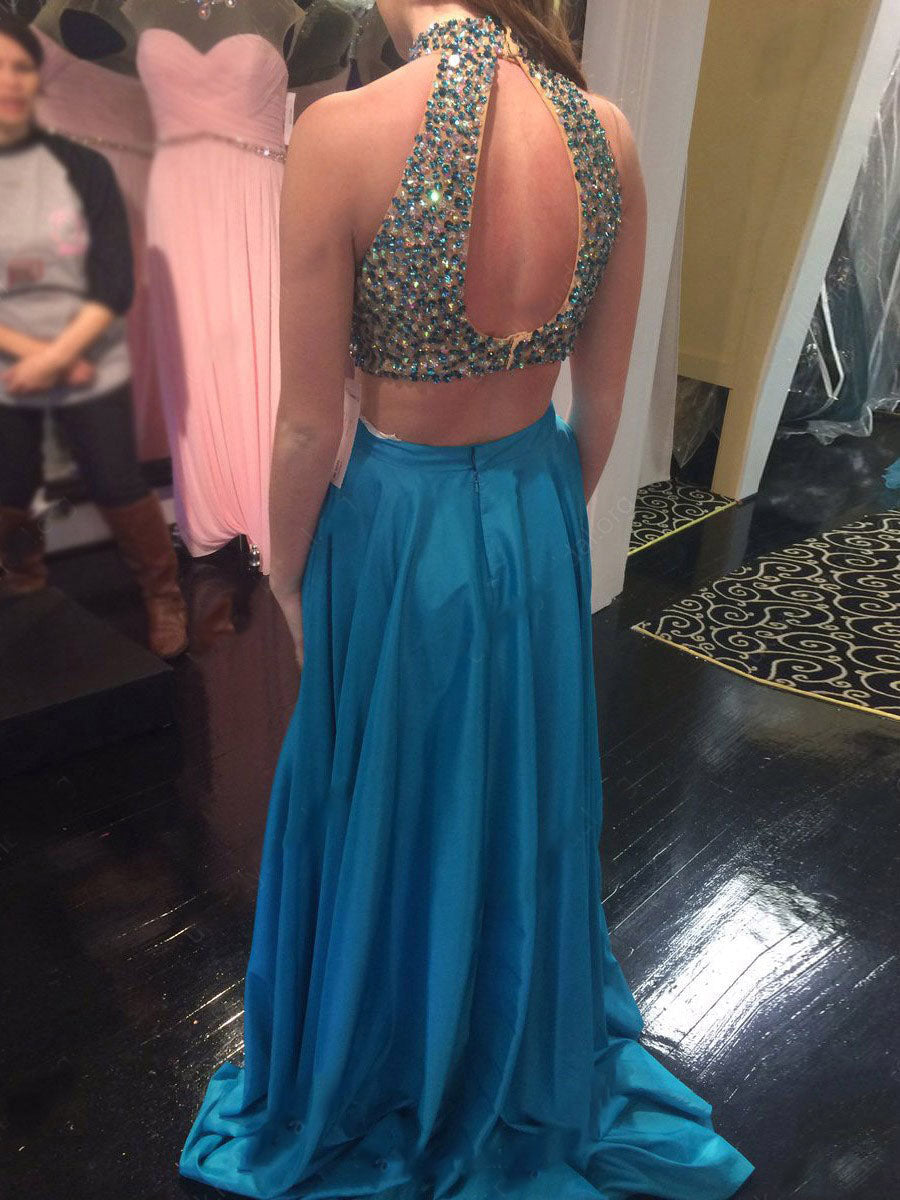 2024 Elegant A Line Satin Blue High Neck Backless Beaded Two Piece Prom Dress