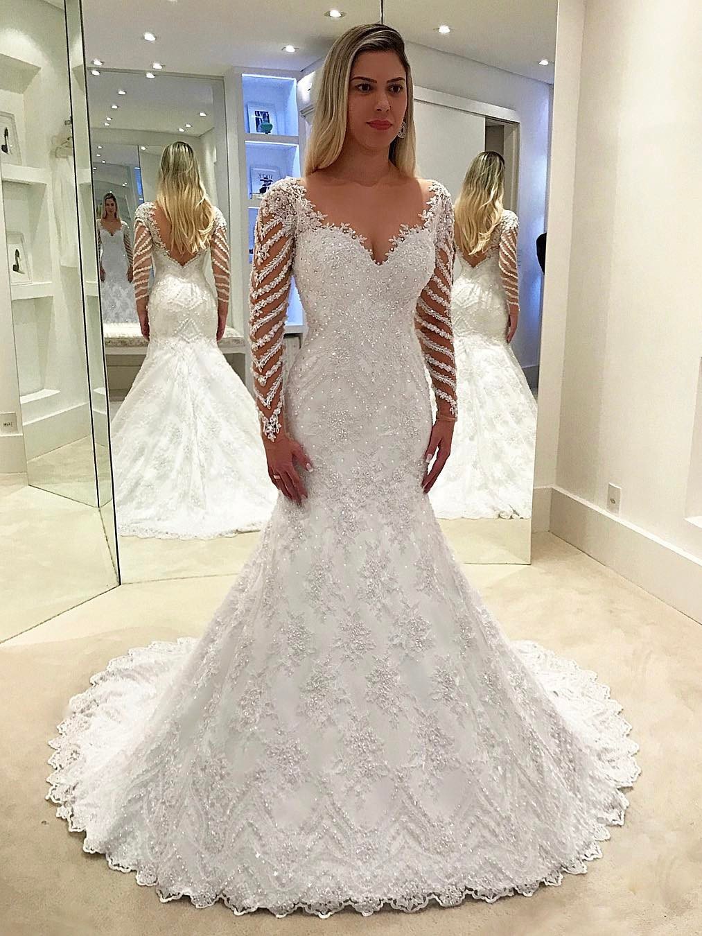 Backless Mermaid White Beaded Applique Chapel Train Lace Wedding Dresses