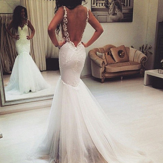 Spaghetti Strap White Backless Mermaid Tulle Bodice Wedding Dresses