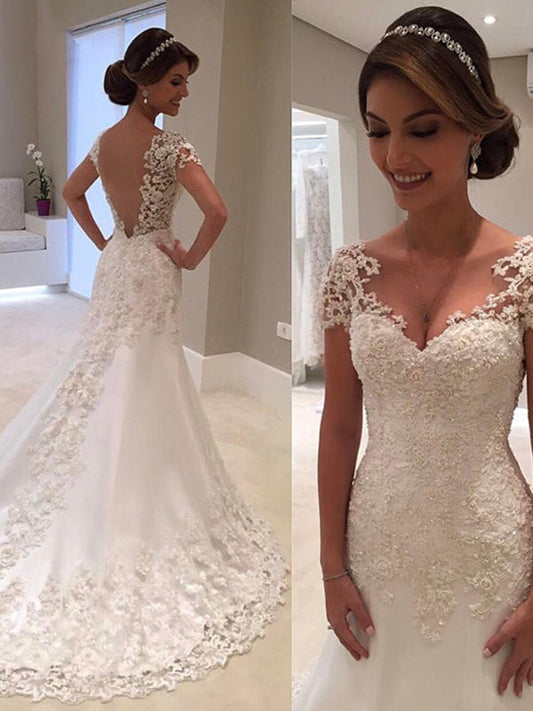 Regular Sweetheart Applique Beading A Line Backless Lace Wedding Dresses