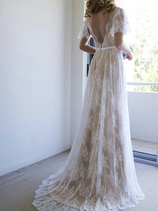 Modest Short Sleeve Champagne V Neck Backless Applique Lace Wedding Dresses