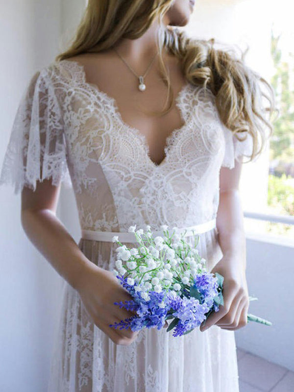Modest Short Sleeve Champagne V Neck Backless Applique Lace Wedding Dresses