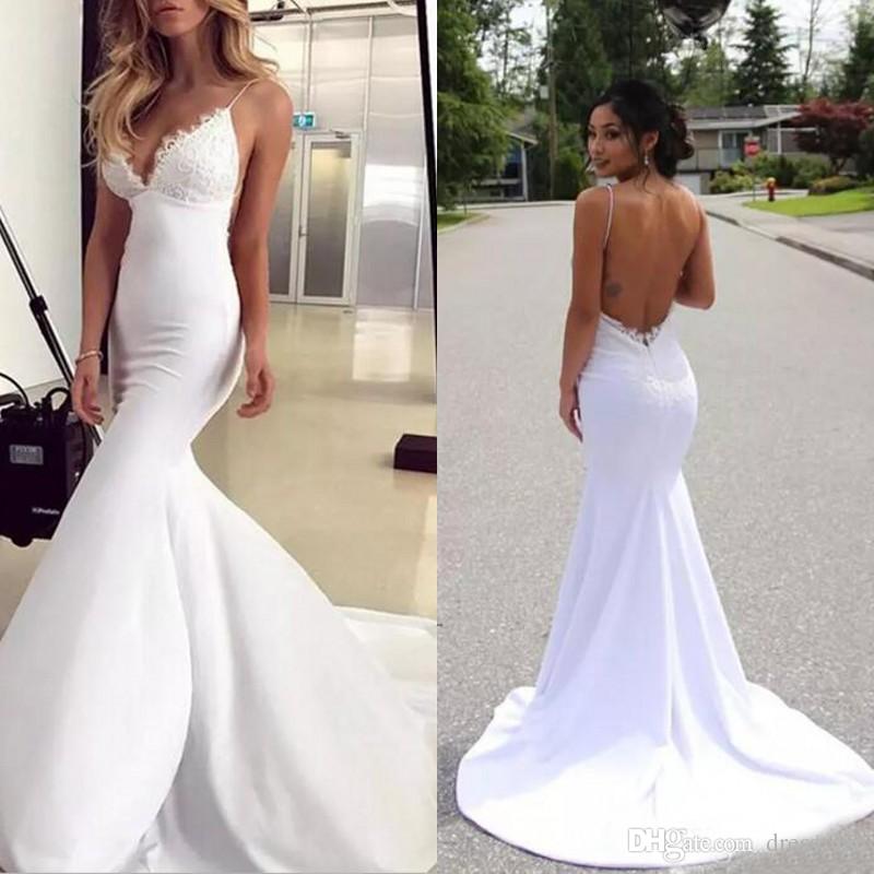 White Backless Mermaid Deep V Spaghetti Straps Sleeveless Wedding Dresses