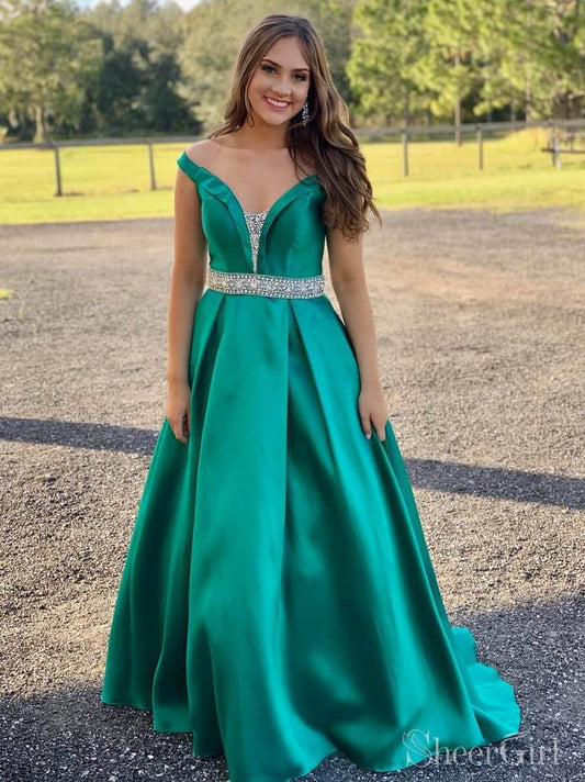 2024 Classic Jade A-Line V Neck Off-The-Shoulder Beaded Satin Plus Size Prom Dresses
