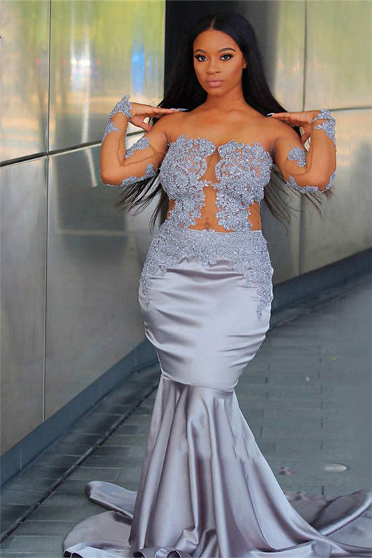 2024 Sexy Light-Slate-Gray Mermaid Applique Long Sleeve See Through Plus Size Prom Dresses