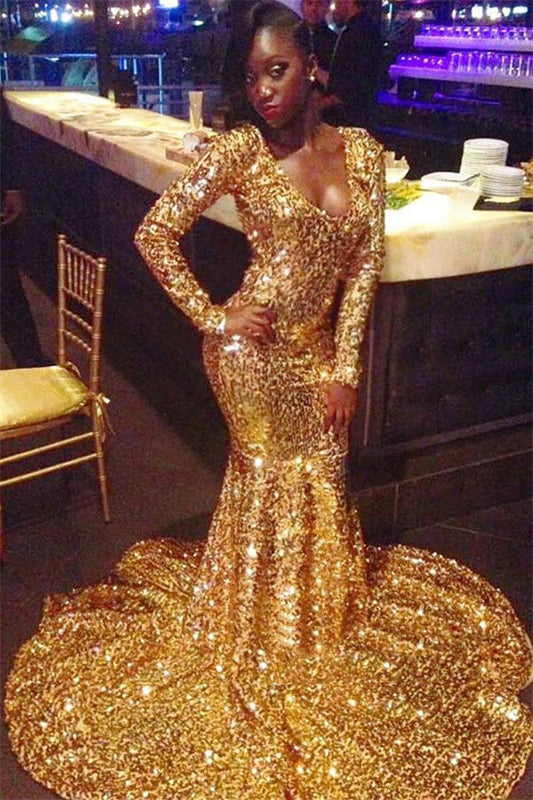 2024 Shining Gold Sequins Long Sleeve Mermaid Scoop Neck Plus Size Prom Dresses