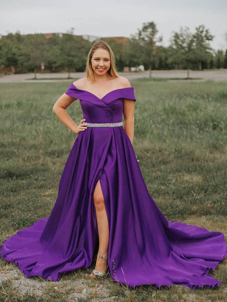 2024 Violet A-Line Off-The-Shoulder Sweetheart Split-Front Beaded Plus Size Satin Prom Dresses