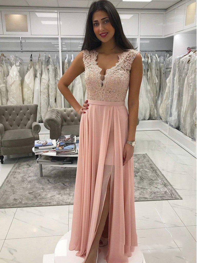 2024 Charming Pink A-Line V Neck Sleeveless Lace Beaded Chiffon Prom Dresses