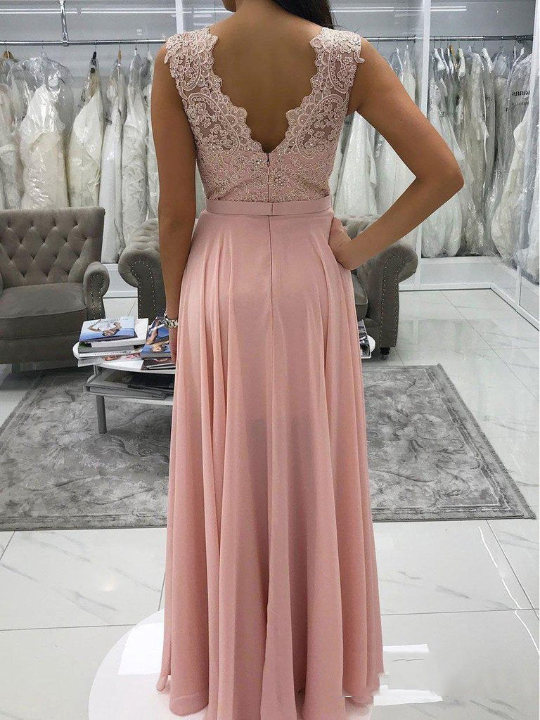 2024 Charming Pink A-Line V Neck Sleeveless Lace Beaded Chiffon Prom Dresses