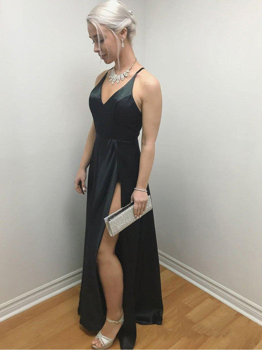 2024 Sexy Black V Neck Sleeveless Criss Cross Split-Front Satin Floor Length Prom Dresses