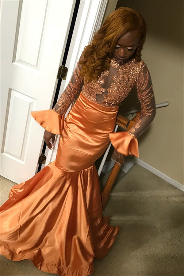 2024 Orange Mermaid Long Sleeve Jewel Neck Applique Satin See Through Prom Dresses