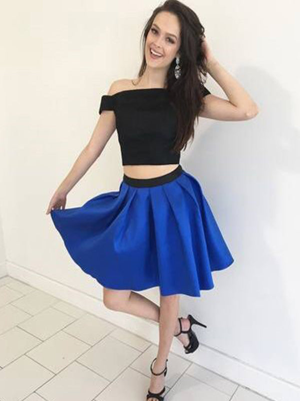 Two Piece Off-The-Shoulder Pleated Satin Cut Short Mini Homecoming Dresses