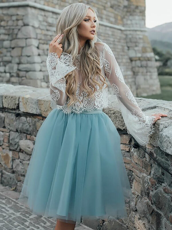Two Piece See Through Lace Scoop Neck Long Sleeve Tulle Ball Gown Knee-Length Homecoming Dresses