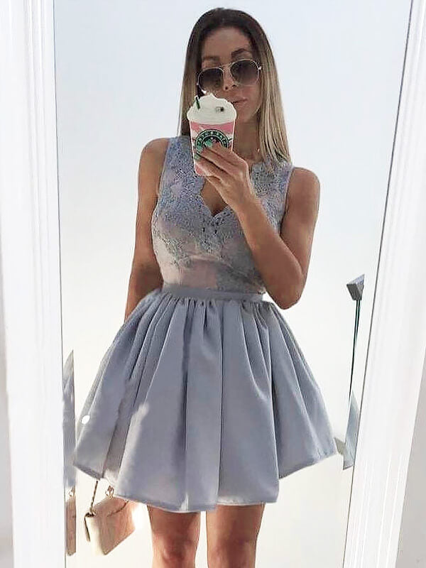 Ball Gown Cut Short Pleated Applique V Neck Sleeveless Mini Homecoming Dresses