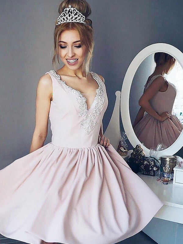Pale Pink A-Line V Neck Applique Sleeveless Pleated Cut Short Mini Homecoming Dresses