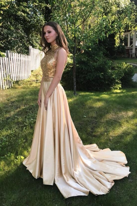2024 Satin Prom Dresses Champagne Halter Cut Out Rhinestone Backless High Neck