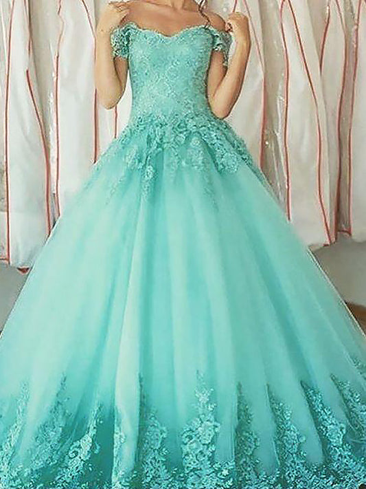 2024 Off The Shoulder Prom Dresses Lace Turquoise A-Line Pleated Appliques Backless