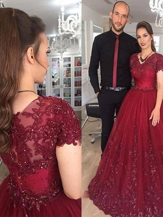 2024 Short Sleeve Prom Dresses V-Neck Burgundy Appliques A-Line Pleated Sheer Lace Long