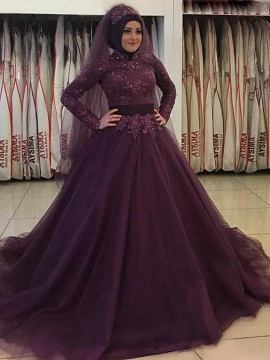 2024 Prom Dresses Grape Ball Gown Long Sleeve Lace Appliques Pleated Tulle