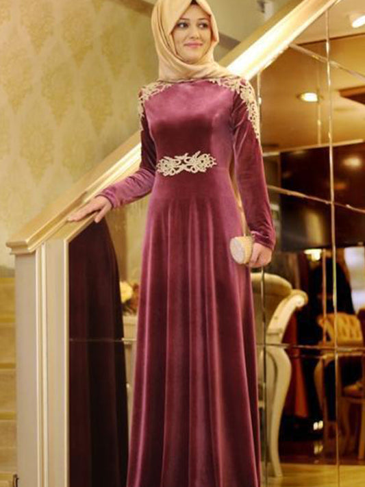 2024 Burgundy Prom Dresses Long Sleeve Appliques Pleated Elegant Satin A-Line