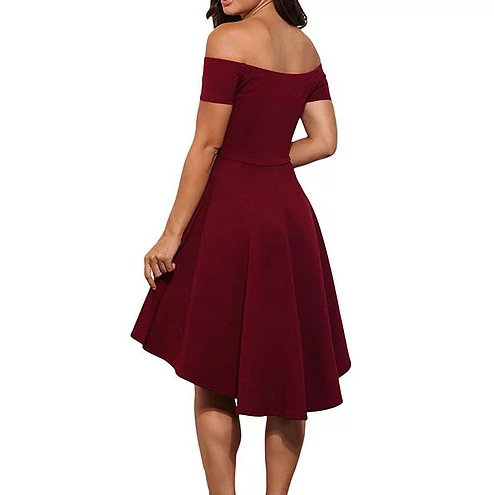 Off The shoulder Satin Burgundy A Line High Low Simple Pleated Homecoming Dresses