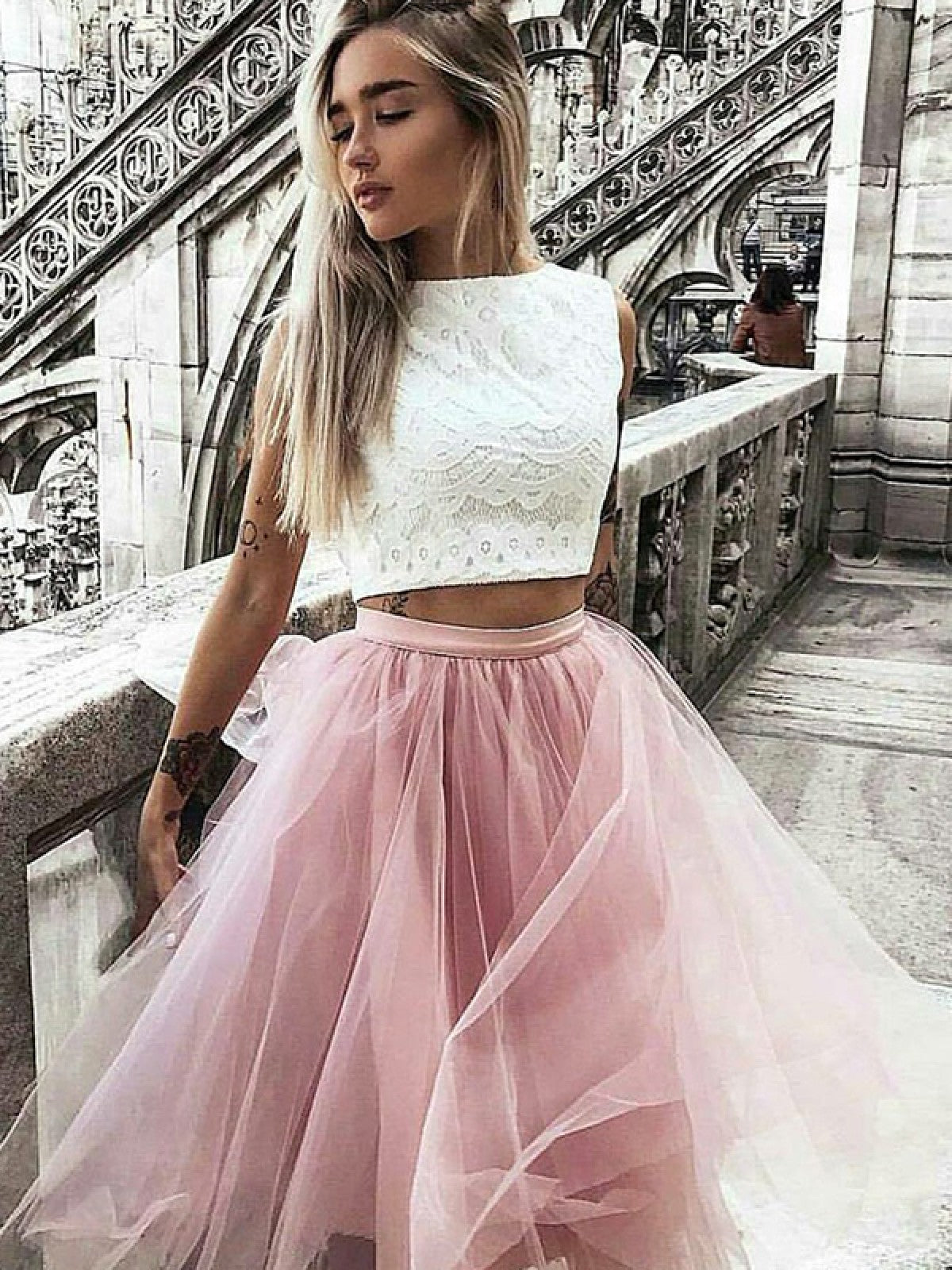 Halter A Line Jewel Lace Tulle Pleated Pink Two Pieces Sleeveless Homecoming Dresses