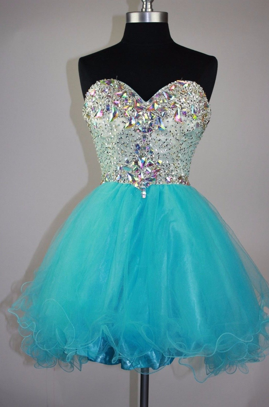 Rhinestone Strapless Sweetheart Backless A Line Tulle Pleated Homecoming Dresses