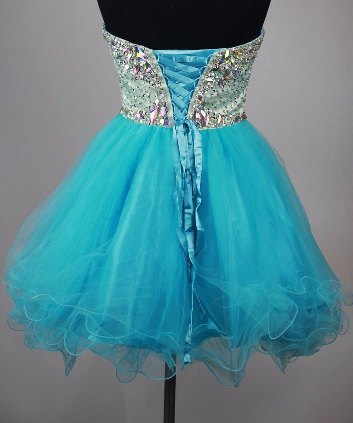 Rhinestone Strapless Sweetheart Backless A Line Tulle Pleated Homecoming Dresses