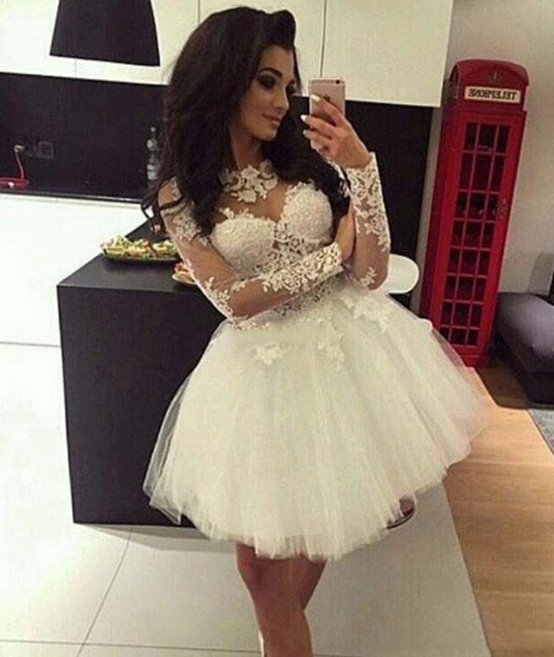Jewel Long Sleeve Lace Appliques A Line Pleated Tulle Sheer Short Homecoming Dresses