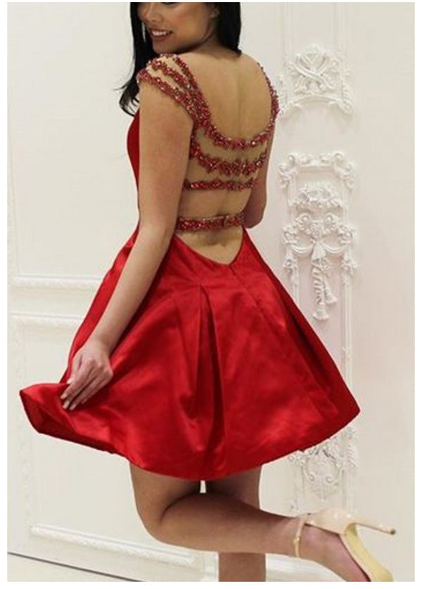 V Neck Straps Backless Satin A Line Red Cut Out Rhinestone Beading Homecoming Dresses