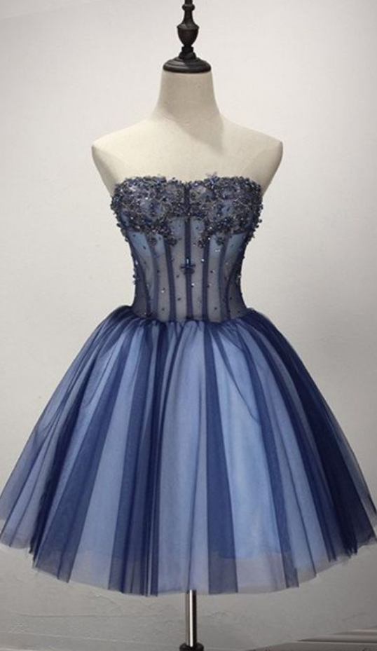 Strapless Ball Gown Appliques Tulle Beaded Pleated Dark Blue Cute Elegant Homecoming Dresses