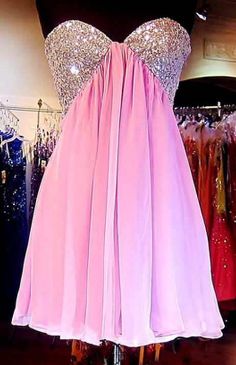 Pink Strapless Sweetheart Pleated Chiffon Sexy Beaded Cut Out A Line Homecoming Dresses