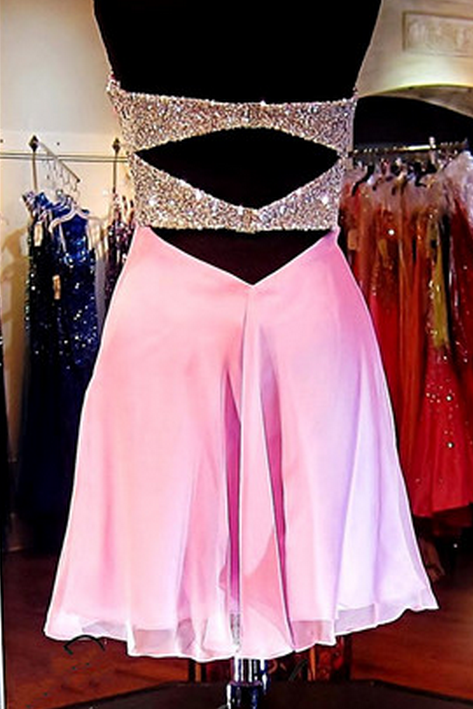 Pink Strapless Sweetheart Pleated Chiffon Sexy Beaded Cut Out A Line Homecoming Dresses