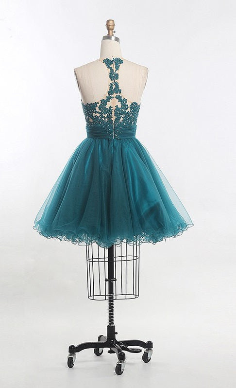 A Line Scoop Sleeveless Sheer Appliques Tulle Pleated Ruched Backless Homecoming Dresses